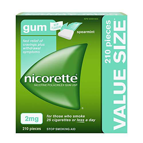 Nicorette Gum Smoking Cessation Product, Nicotine Replacement Therapy Aid for Adults, Doubles Quit Success, Spearmint Flavour, 2mg, 210 Pieces