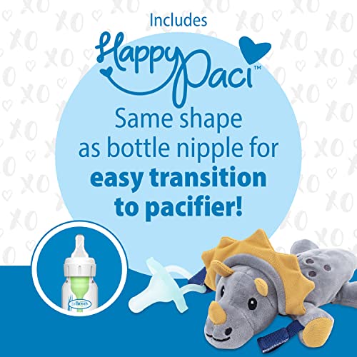 Dr. Brown's Baby Lovey Pacifier & Teether Holder, Triceratops with Grey HappyPaci, 100% Silicone, 0-6m