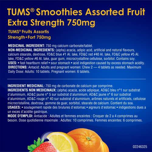 TUMS Extra Strength Smoothies for Heartburn Relief, Assorted Fruit, 140 tablets