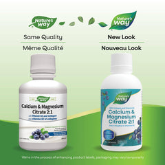 Nature's Way Calcium and Magnesium Citrate 2:1 - Liquid Supplement with Vitamin K2 and Collagen – Helps Support the Maintenance of Bones and Teeth – Blueberry Flavour, 500 mL