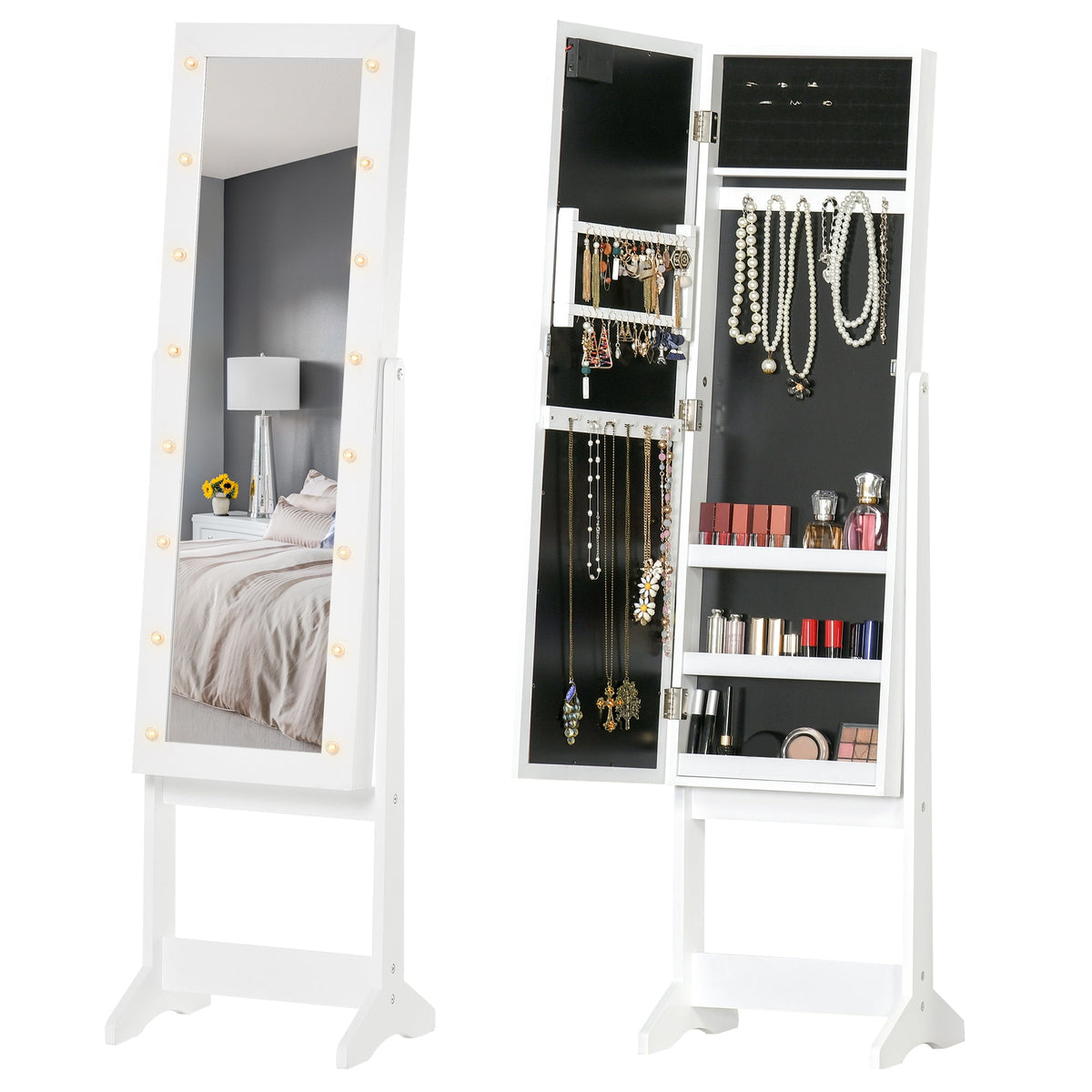 Free Standing Armoire Organizer, Lighted Mirrored Jewelry Cabinet w/ Angle Adjustable & 16 LED Lights Warm White