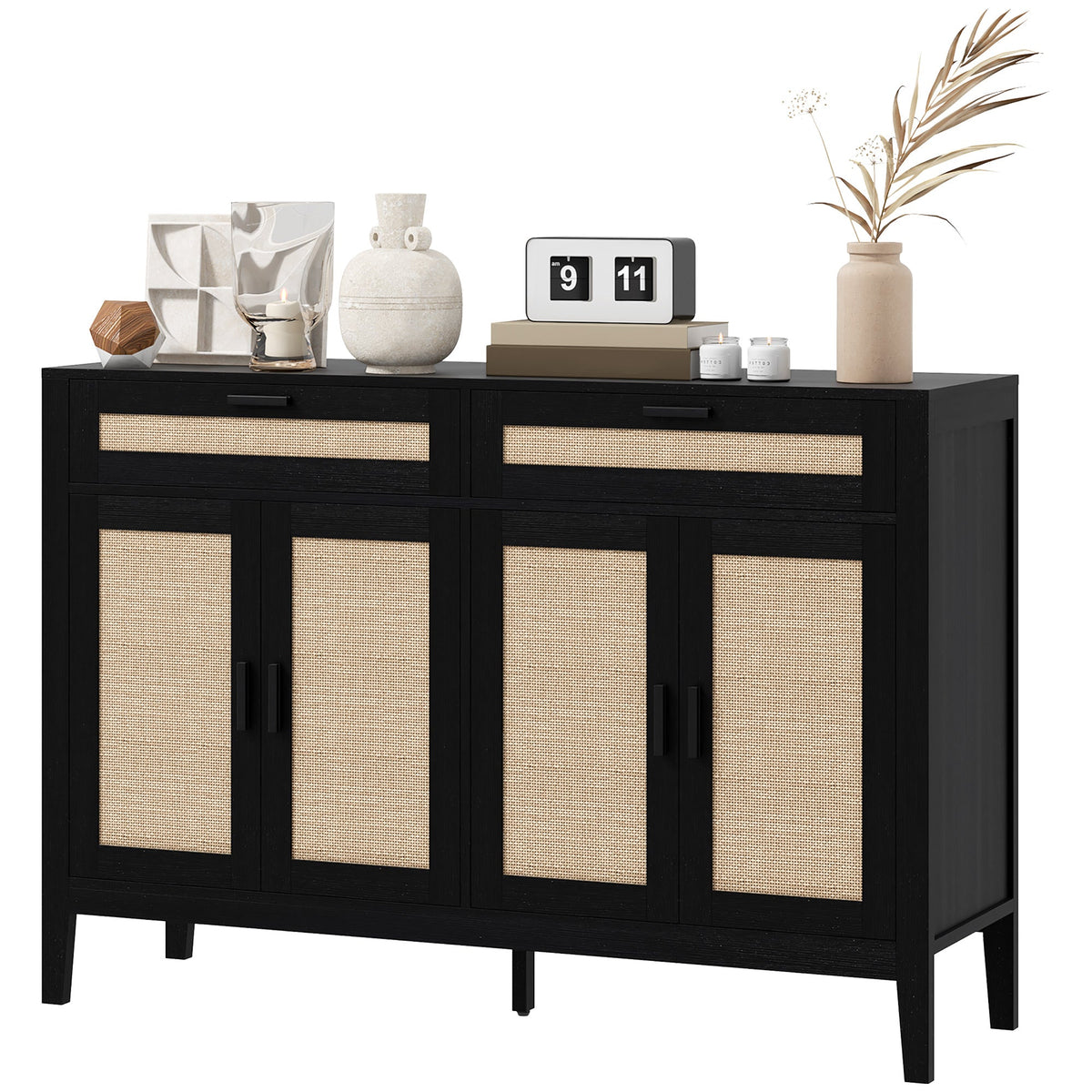 Kitchen Sideboard Cabinet, Boho Buffet Table with Decorative Rattan Doors and Drawers for Dining Room, Black