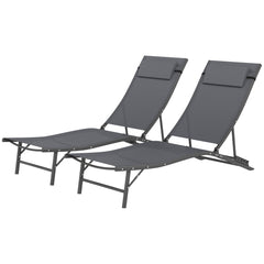 Folding Outdoor Chaise Lounge Chair Set of 2 with Adjustable Backrest, Headrest, Mesh Seat for Beach, Poolside, Grey
