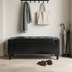 Storage Ottoman Bench, PU Leather Upholstered Bench with Tufted Design, Black