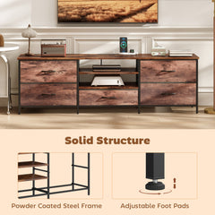 TV Stand for TVs up to 65 Inch, Industrial TV Console with Charging Station, 5 Drawers and Open Shelves, Rustic Brown