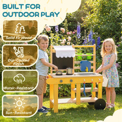 Mud Kitchen for Kids Outdoor with Wheels, Wooden Play Kitchen with Sink, Storage, Planting Pots, Blackboard, Yellow