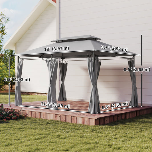 10' x 13' Double Roof Patio Gazebo, Outdoor Gazebo with Curtains, for Garden, Lawn, Backyard and Deck, Dark Grey