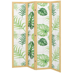 4 Panel Folding Privacy Screen, 67" Room Divider with Palm Leaf Design for Living Room Bedroom, Natural and Green