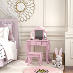 Kids Vanity Table and Stool, Makeup Vanity Girls Dressing Table Set with Tri-folding Mirrors Drawer Star and Heart Pattern, Pink