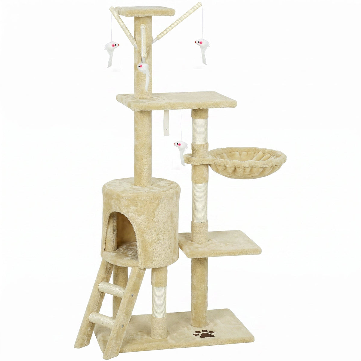 53" Cat Tree Tower, Kitten Activity Centre with Scratching Posts, Condo, Perches, Ladder, Hammock, Dangling Toys, Grey