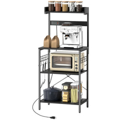 Kitchen Baker's Rack with Power Outlet, Coffee Bar Station with Adjustable Shelves and Hooks, Distressed Grey