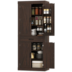 72" Kitchen Pantry Cabinet, Farmhouse Kitchen Storage Cabinet with 4 Barn Doors, 6 Door Shelves, Drawer, Black