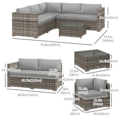 4 Pieces Rattan Wicker Outdoor Conversation Furniture Set w/ Corner Sofa Loveseats Coffee Table Cushions, Mixed Grey