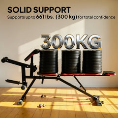 Adjustable Weight Bench with Wheels, Load 660LBS Workout Bench with Leg Extension, Preacher Curl and Resistance Bands