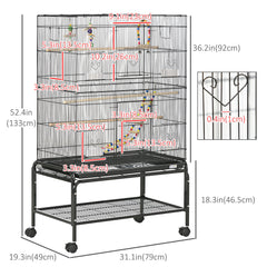 52" Bird Cage with Rolling Stand, Toys, for Budgies Canaries Black