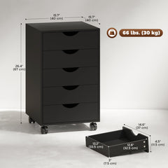 File Cabinet with 5 Drawer Wheels, 15.7" x 15.7" x 26.4", Black