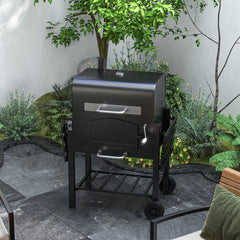 Charcoal Smoker Adjustable Height, Folding Shelves, Thermometer, and Wheels, Black