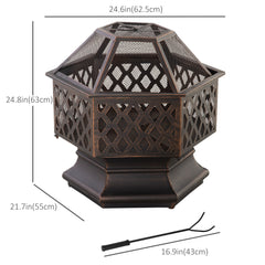 24.5" Outdoor Fire Pit with Mesh Lid, Portable Wood Burning Firebowl with Poker for Patio, Backyard, Bronze
