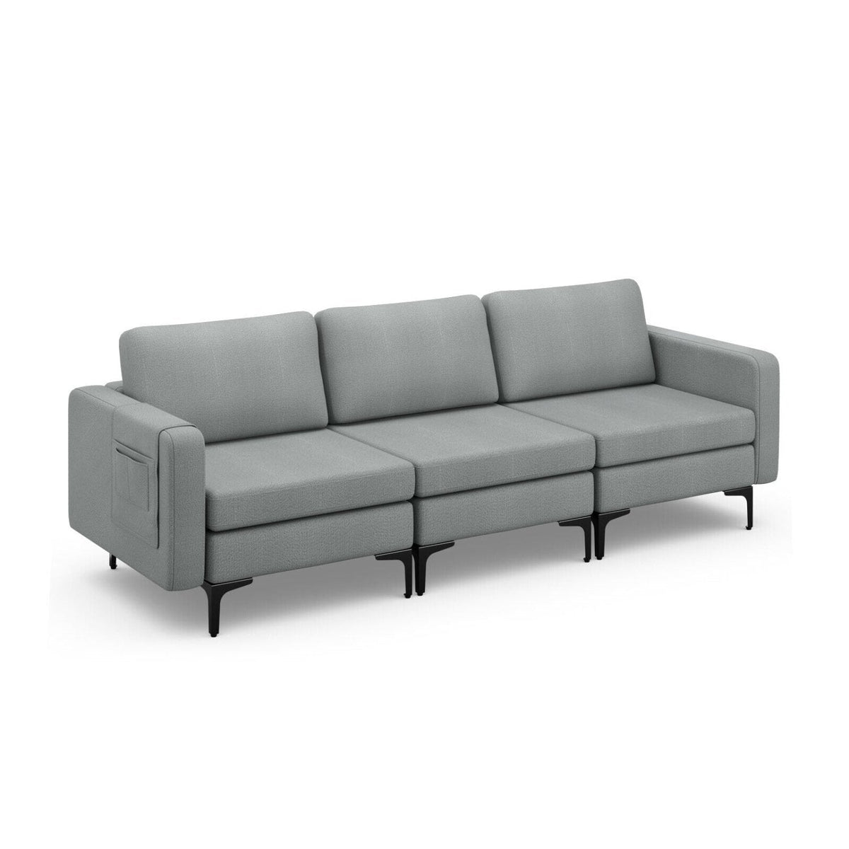 3 Seat Modular Sofa, 94.5 in Wide with an 85 in Seat, 1980 lb Capacity and Arm Magazine Pocket, Grey