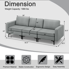3 Seat Modular Sofa, 94.5 in Wide with an 85 in Seat, 1980 lb Capacity and Arm Magazine Pocket, Grey