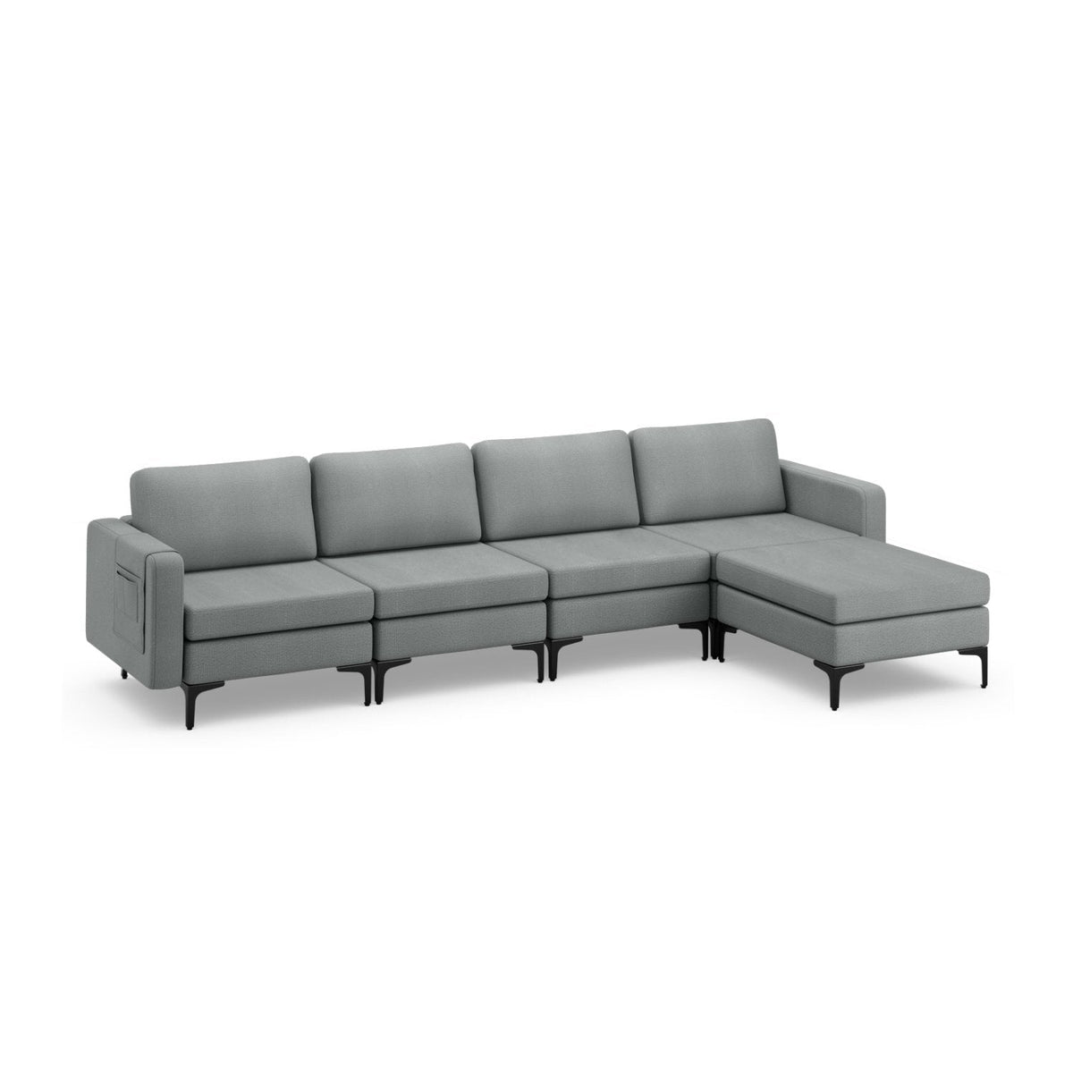 4 Seat L Shaped Modular Sectional Sofa, 123 in Wide with Movable Chaise Ottoman and 2 USB Ports, Grey