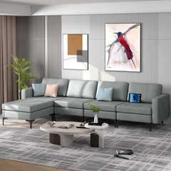 4 Seat L Shaped Modular Sectional Sofa, 123 in Wide with Movable Chaise Ottoman and 2 USB Ports, Grey
