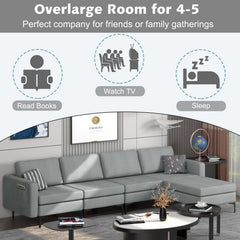 4 Seat L Shaped Modular Sectional Sofa, 123 in Wide with Movable Chaise Ottoman and 2 USB Ports, Grey