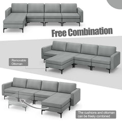 4 Seat L Shaped Modular Sectional Sofa, 123 in Wide with Movable Chaise Ottoman and 2 USB Ports, Grey