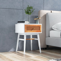 1-Drawer Modern Bedside Table with Rattan Front and Solid Wood Legs, White