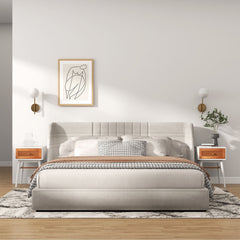 1-Drawer Modern Bedside Table with Rattan Front and Solid Wood Legs, White