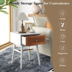 1-Drawer Modern Bedside Table with Rattan Front and Solid Wood Legs, White