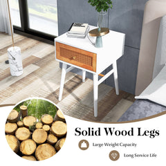 1-Drawer Modern Bedside Table with Rattan Front and Solid Wood Legs, White