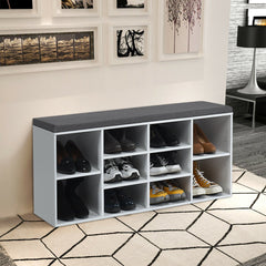 10-Cube Organizer, Entryway Padded Shoe Storage Bench-White