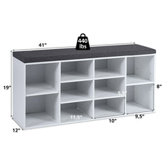 10-Cube Organizer, Entryway Padded Shoe Storage Bench-White