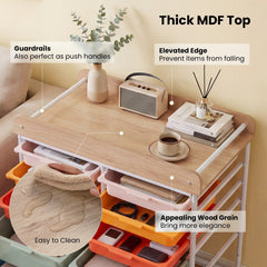 10-Drawer Rolling Cart with Wooden Tabletop and Lockable Wheels for Office-Macaron