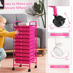 10 Drawer Rolling Storage Cart Organizer with 4 Universal Casters-Pink