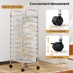 10-Drawer Rolling Storage Cart with Metal Frame and Lockable Universal Wheels-White