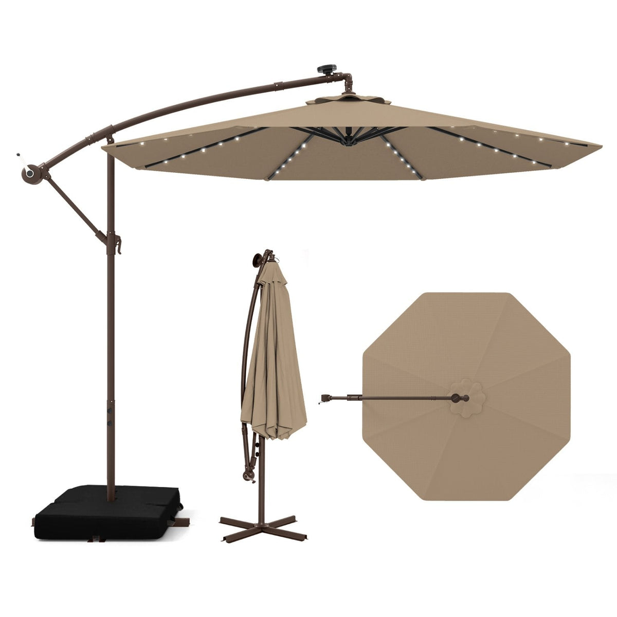 10 Feet Cantilever Umbrella with 32 LED Lights and Solar Panel Batteries-Tan