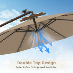 10 Feet Cantilever Umbrella with 32 LED Lights and Solar Panel Batteries-Tan