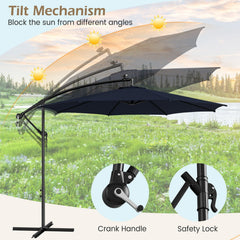 10 Feet Patio Offset Umbrella with 112 Solar-Powered LED Lights-Beige-Navy