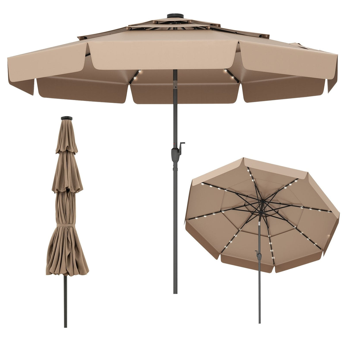 10 Feet Solar Patio Umbrella with 3-Tier Vented Top-Taupe