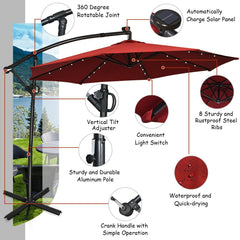 10 ft 360° Rotation Solar Powered LED Patio Offset Umbrella without Weight Base-Burgundy