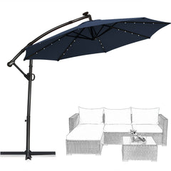 10 FT 360° Rotation Solar Powered LED Patio Offset Umbrella without Weight Base-Navy
