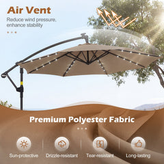 10 FT Solar LED Offset Cantilever Patio Umbrella Hanging Outdoor Market Umbrella-Brown
