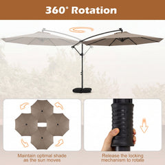10 FT Solar LED Offset Cantilever Patio Umbrella Hanging Outdoor Market Umbrella-Brown