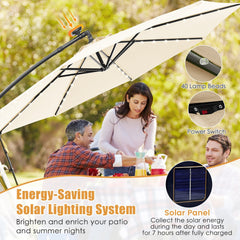 10 Feet Solar Offset Hanging Umbrella with 40 Lamp Beads and Solar Panel-Beige
