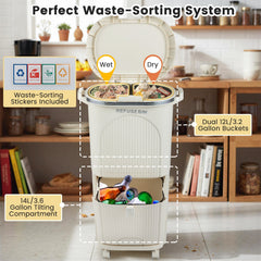 10 Gallon Kitchen Trash Can Double-Layer with Lid and 2 Removable Buckets-Beige