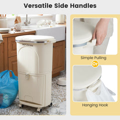 10 Gallon Kitchen Trash Can Double-Layer with Lid and 2 Removable Buckets-Beige