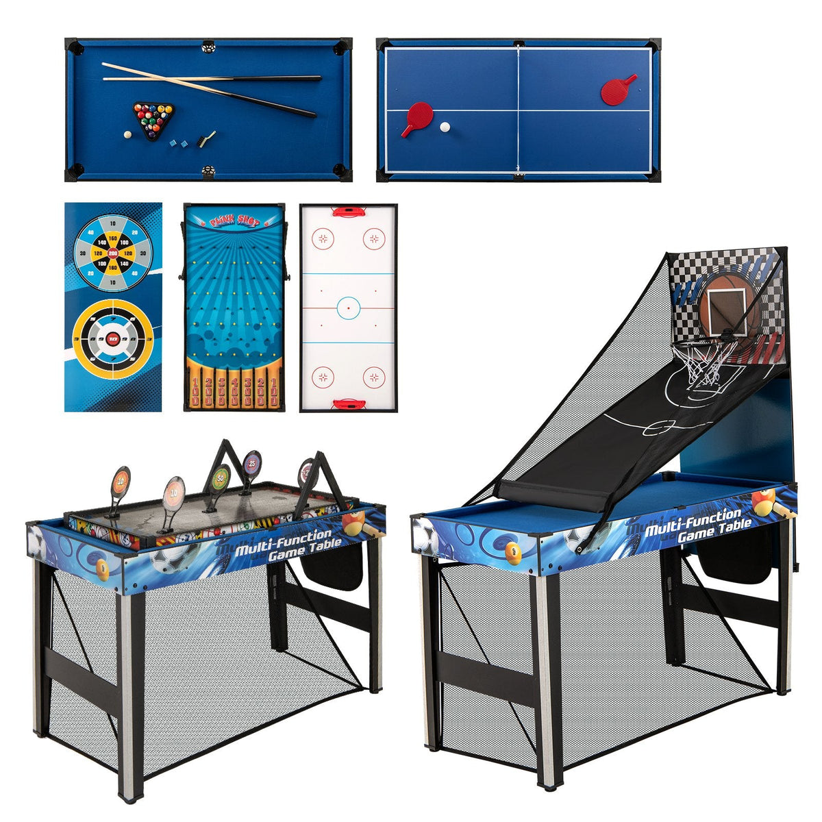 10-in-1 Combo Game Table Set with Table Tennis, Basketball, Soccer-Blue