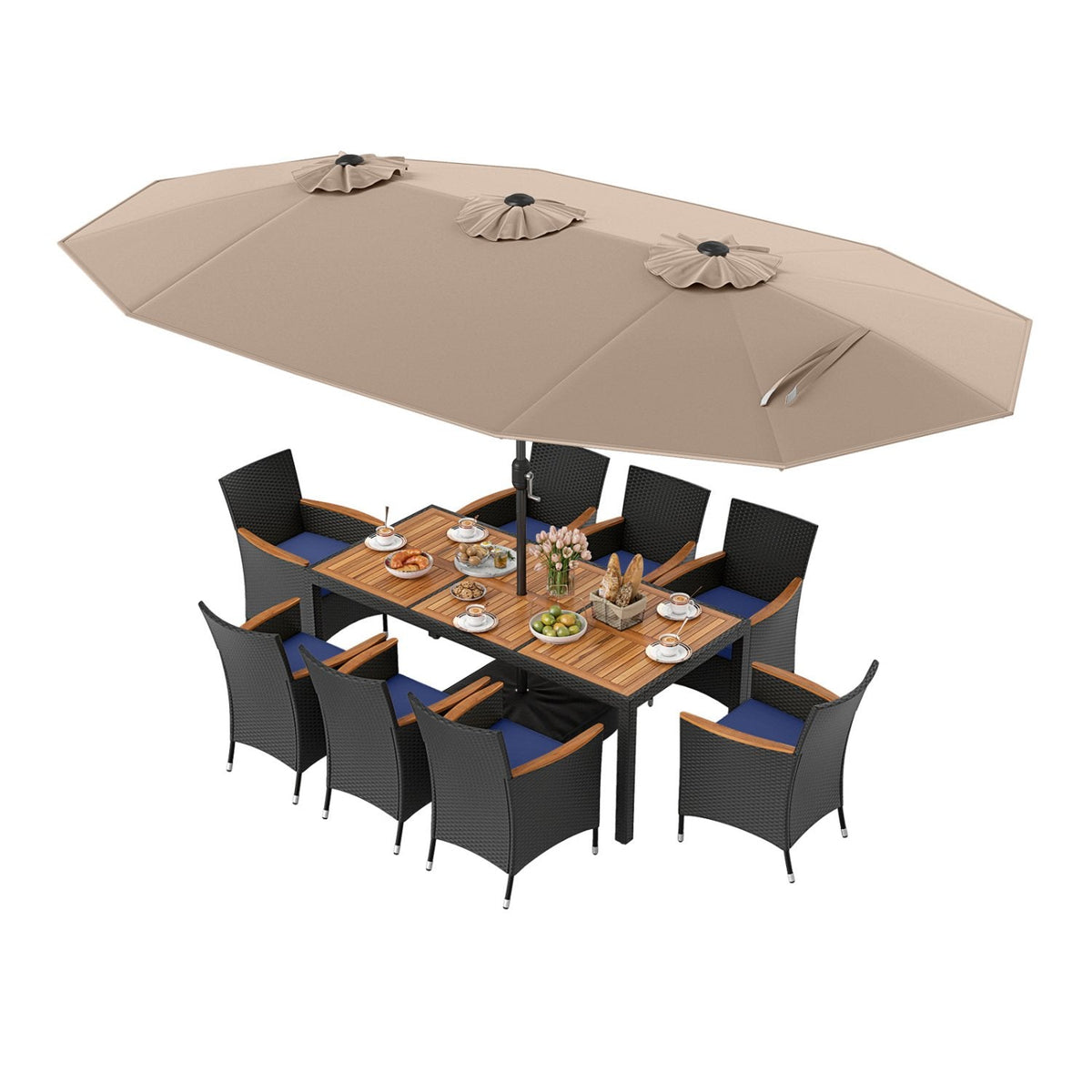 10 Piece Outdoor Patio Dining Set, 15 FT Double-Sided Twin Umbrella, 8 Stackable Rattan Chairs and Acacia Wood Table, Brown